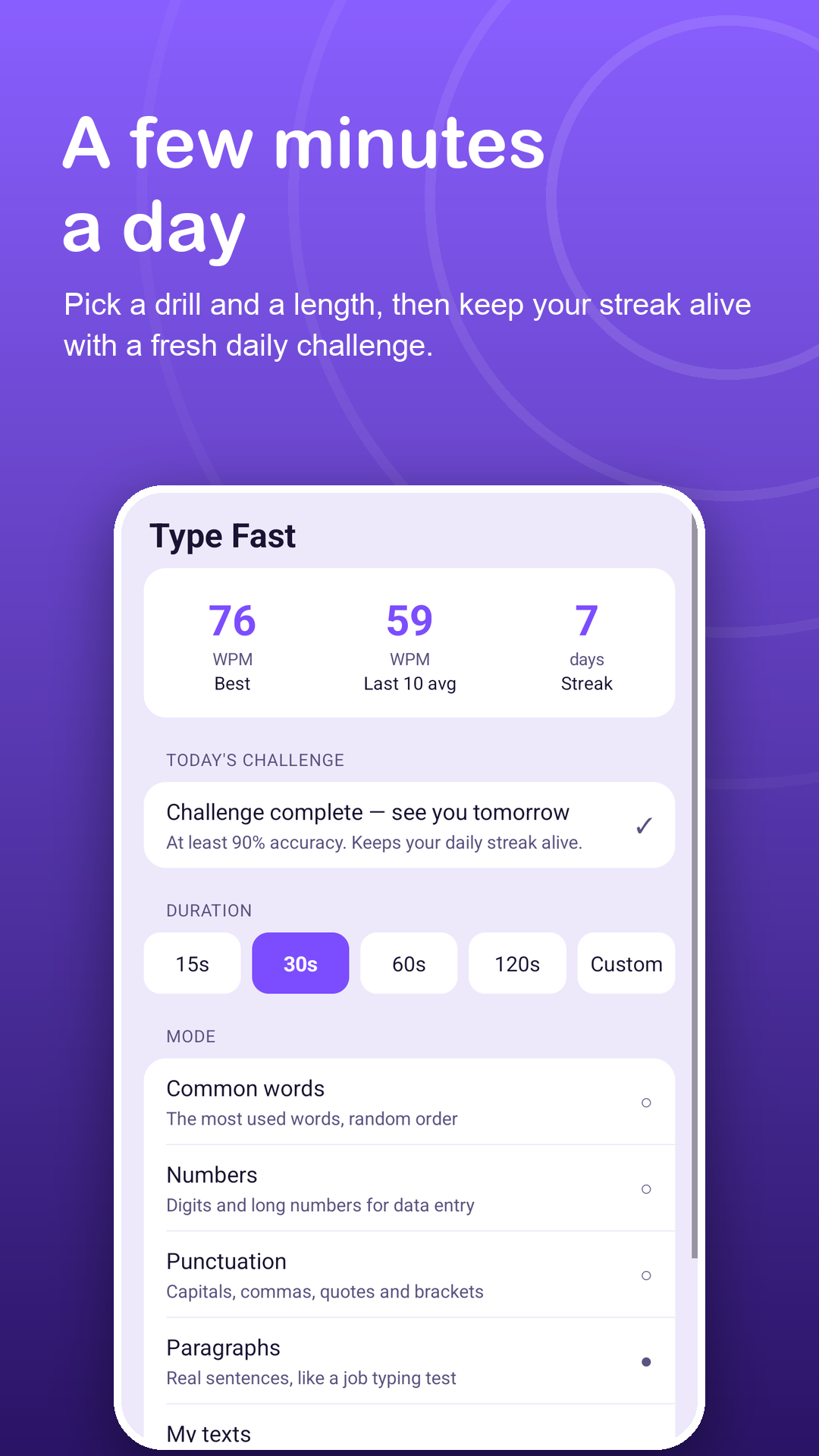 Home screen with daily challenge, length and mode