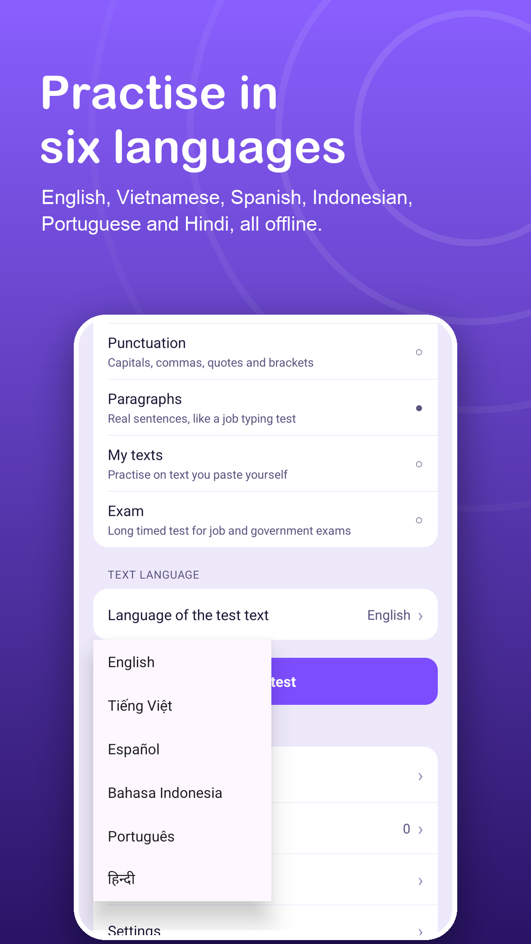 Text language picker with six languages